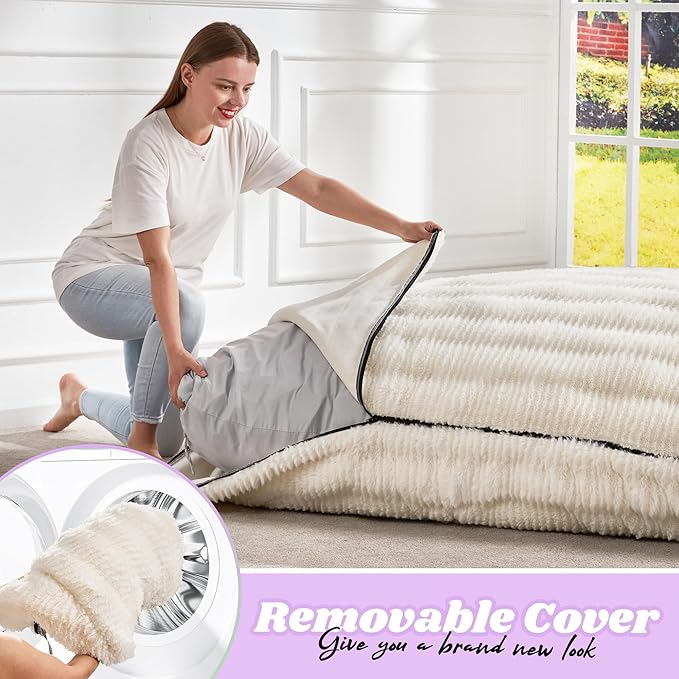 Hobestluk 3 in 1 Bean Bag Chair Giant Bean Bag Chairs for Adults with Ripple Cover Convertible Bean Bag Floor Cushion with Machine Washable Cover for Living Room (Ripple White)
