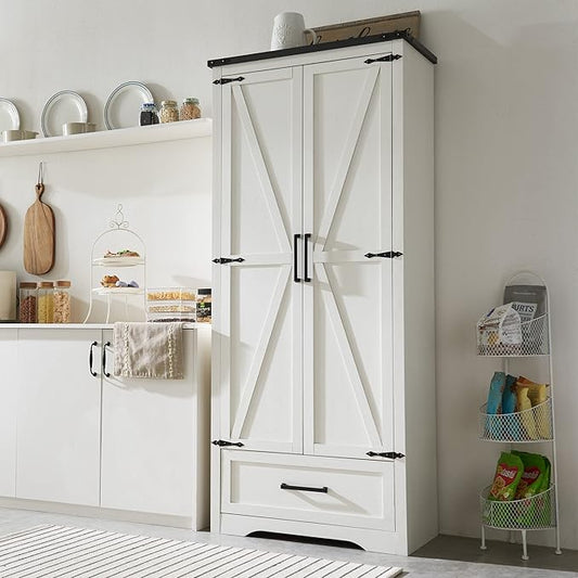JXQTLINGMU Farmhouse Kitchen Pantry Cabinet - 72" Tall Wood Kitchen Storage Cabinets with Adjustable Shelves & 2 Barn Style Doors & Drawer, Versatile Storage for Dining Room, Bathroom, Antique White