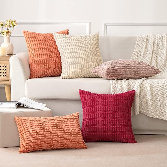 MIULEE Pack of 2 Corduroy Decorative Throw Pillow Covers 20x20 Inch Soft Boho Striped Pillow Covers Modern Farmhouse Home Decor for Summer Sofa Living Room Couch Bed Coral
