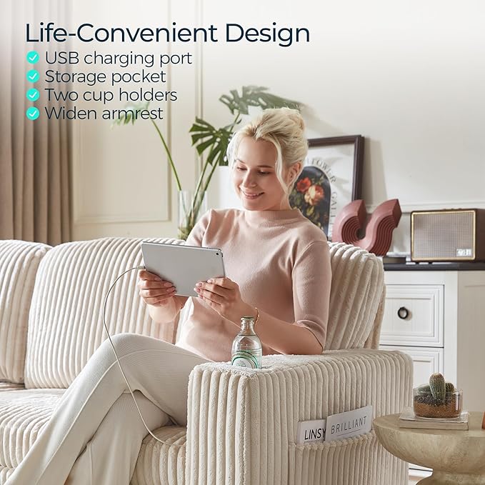 LINSY HOME Sectional Sleeper Sofa with Pull Out Couch Bed - Convertible Plush Corduroy Cloud Couch with Storage Chaise & USB Charging, Comfy Modular Couches for Living Room, Beige