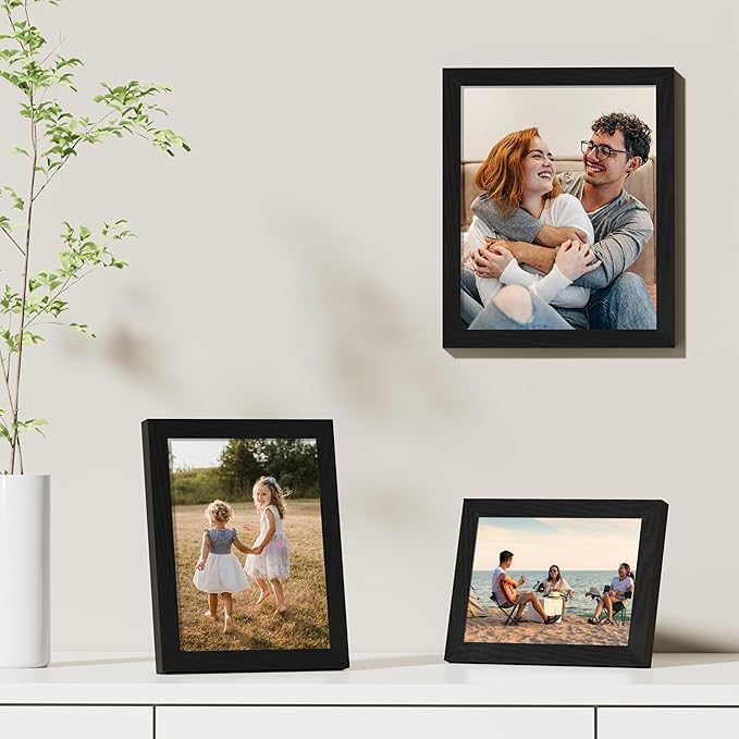 Vittanly 4x6 Picture Frames Set of 9, Shatter Resistant Plexiglass, Display 3.5x5 Pictures with Mat or 4x6 without Mat, Photo Frames for Wall or Tabletop, Engineered Wood, Black