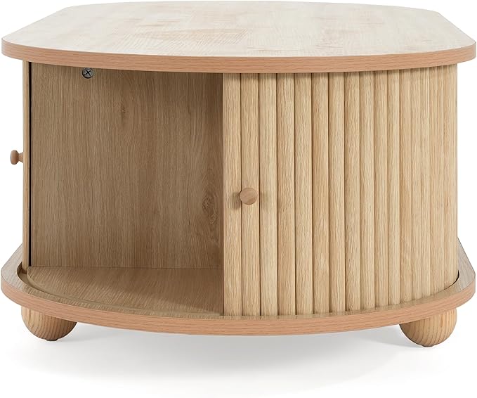 Oval Coffee Table with Storage for Living Room, Retro Charm Wooden Fluted Center Table, 47.24" Modern Classic Accordion Door Coffee Tables Dual Level Storage Side Table for Home,Office-Natural