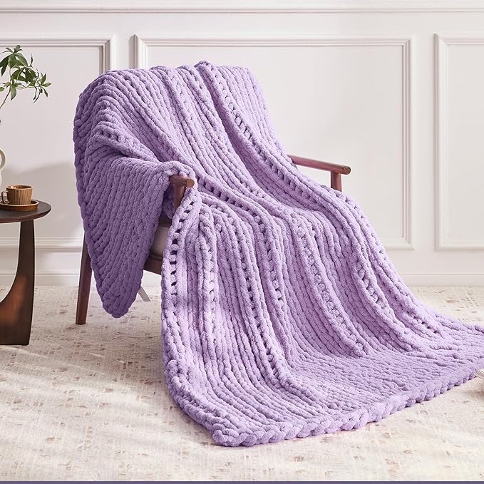 Chunky Knit Throw Blanket, 40''*50'' Knitted Throw Chenille Yarn for Bed Couch, Handmade Light Purple Crochet Big Thick Blanket, Machine Washable Cute Comfy Blanket for Home Decor