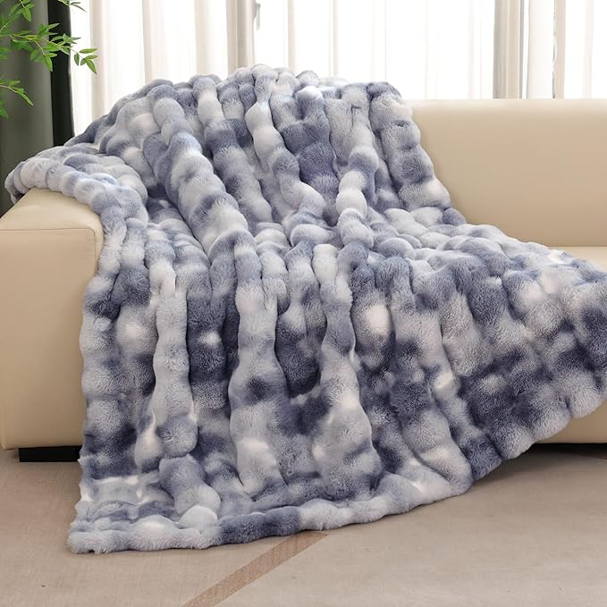 Tie-dye Blue Twin Cozy Faux Fur Blanket for Couch Bed Living Room 60x80 Furry Soft Fluffy Thick Warm Throw Blanket for Winter Home Gifts 860 GSM