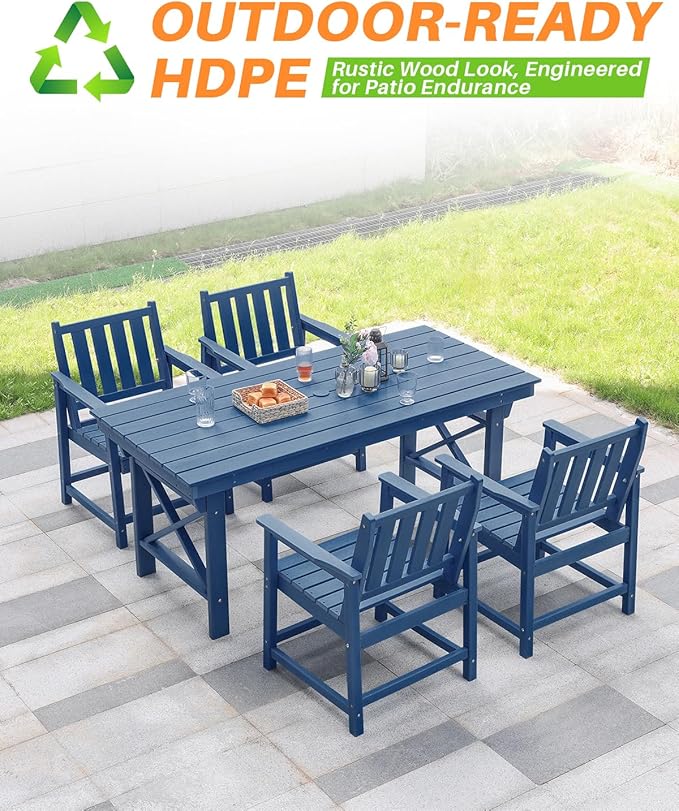 HDPE Patio Dining Set, 5-Piece Outdoor Table and Chairs with Umbrella Hole, Modern Outdoor Dining Set for 4, HDPE Outdoor Patio Furniture Dining Sets for Deck, Poolside, Porch, Navy