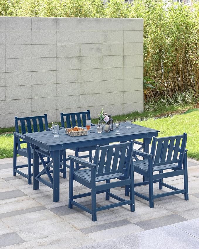 HDPE Patio Dining Set, 5-Piece Outdoor Table and Chairs with Umbrella Hole, Modern Outdoor Dining Set for 4, HDPE Outdoor Patio Furniture Dining Sets for Deck, Poolside, Porch, Navy