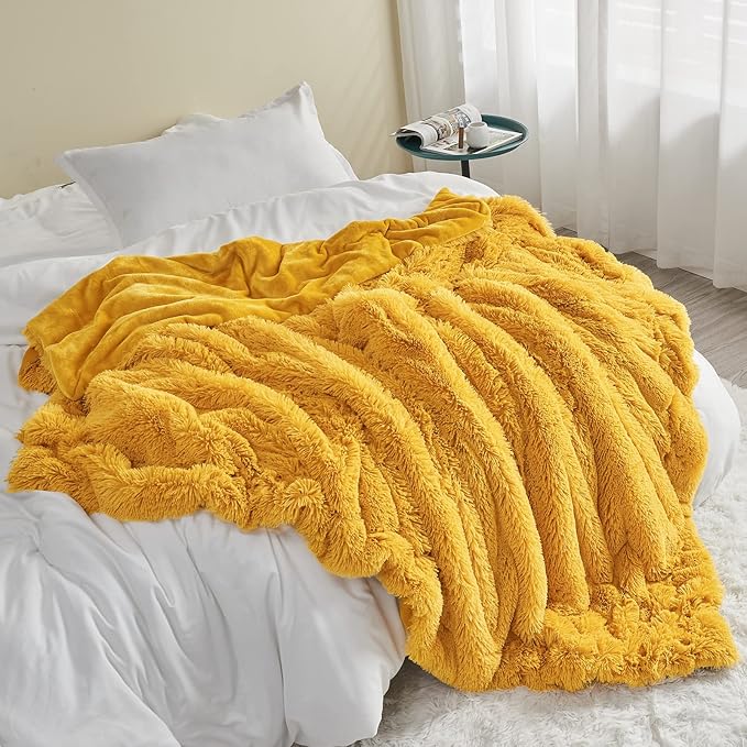 GONAAP Fuzzy Faux Fur Throw Blanket Queen Size Mustard Yellow Super Soft Cozy Plush Fuzzy Shaggy Blanket for Couch Sofa Bed (Mustard Yellow, Queen(90"x90"))