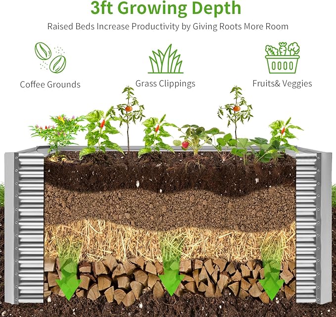 Land Guard 8x4x3ft Rectangular Galvanized Raised Garden Beds, Large-Capacity Metal Planter Box Outdoor, Durable Deep Raised Garden Bed 3ft Tall, Raised Beds for Gardening Vegetables, Classic Silver