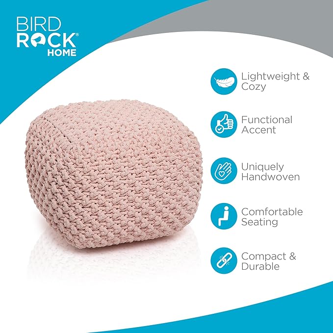 BIRDROCK HOME Square Pouf Ottoman | Cotton Braided Foot Stool with Bean Bag Filling | Boho Foot Rest for Living Room, Bedroom | Compact & Comfortable Seating, Lightweight & Sturdy | Dusty Rose
