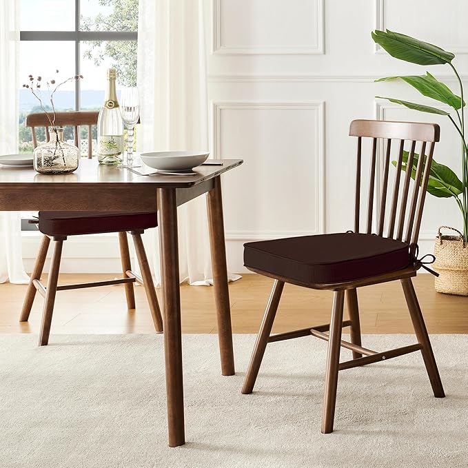 downluxe Chair Cushions for Dining Chairs, Waterproof Kitchen Chair Pads, Non-Slip Dining Seat Cushion with Ties, 17" x 16" x 2.5", Brown, 4 Pack