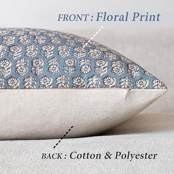 Foindtower Set of 2 Decorative Neutral Floral Print Throw Pillow Covers Vintage Accent Farmhouse Cushion Covers Boho Home Decor for Sofa Chair Couch Bedroom Living Room,18×18 Inch,Dusty Blue