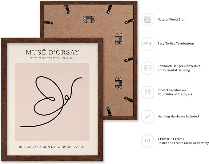 Poster Master Vintage Poster - Retro One Line Butterfly Drawing Print - Butterfly Line Art - Minimal Gift for Him, Her, Animal Lover - Abstract Decor for Home, Office, 8x10 Brown Framed