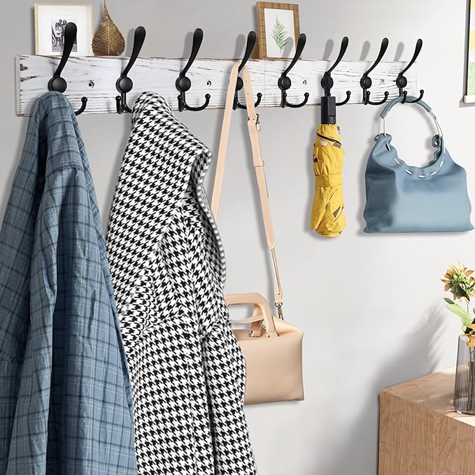 32.2'' Large Coat Rack Wall Mount Coat Hooks with 8 Metal Black Triple-Hooks Old White Pine Real Wood Plank Hat Rack for Wall Hooks