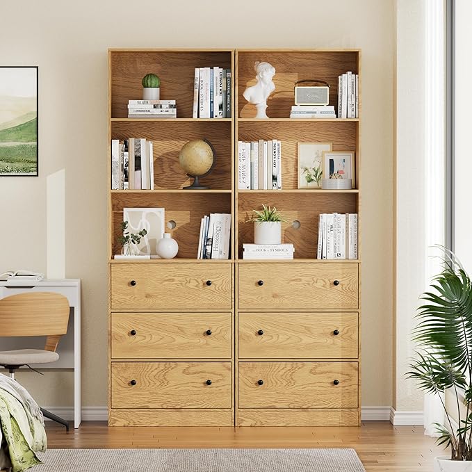 71" Tall Bookshelves Set of 2, Bookcases with Drawers, Bookshelves with Storage, Wooden Bookshelf with 3 Drawers & 3-Tier Open Shelves,Home Decor Furniture for Living Room,Bedroom,Home,Natural