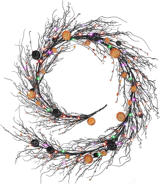 6.5 Ft Halloween Garland Black Willow Vine Decor with 9.8FT Lights Artificial Branches Berries Pumpkin Vines Halloween Realistic Garland for Home Fireplace Table Window Mantle Party Holiday Decor