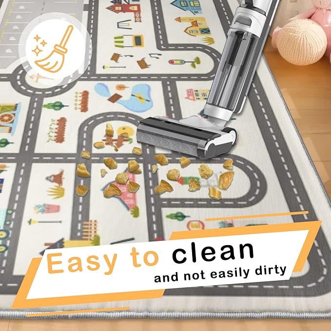 5x7ft Kids Town Road Play Rug - Non-Slip Faux Wool Carpet with Interactive City Map Design, Educational Toy Vehicle Mat for Kids, Bedroom Playroom Nursery Gift.
