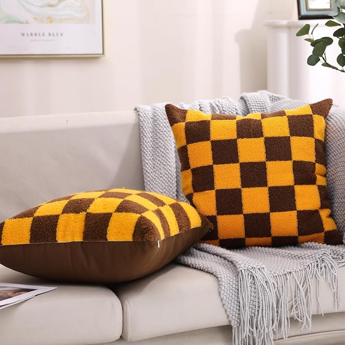 Alysheer Checkered Embroidered Decorative Throw Pillow Covers 18"x 18" Set of 2, Farmhouse Maillard Orange Brown Plaid Tufted Patterned Cotton Canvas Cushion Case for Sofa Couch Bed Living Room