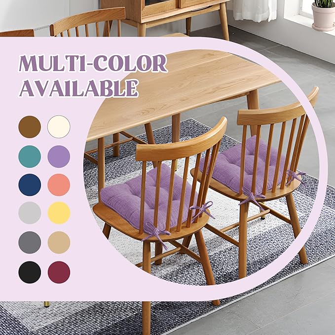 puredown® Chair Cushions for Dining Chairs, Tufted Memory Foam Chair Pads with Non-Slip Backing, Kitchen Seat Cushions with Ties, Washable Seat Pads Set of 4, 15.5" x 15.5" x 4", Purple