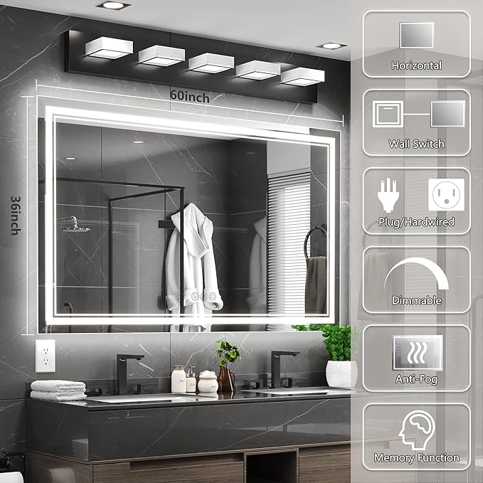 60x36 Inch Led Mirror for Bathroom with Front Light and Backlit, Dimmable Anti Fog Wall Bathroom Mirror with Led Lights, Water Proof, Decor Vanity Mirror