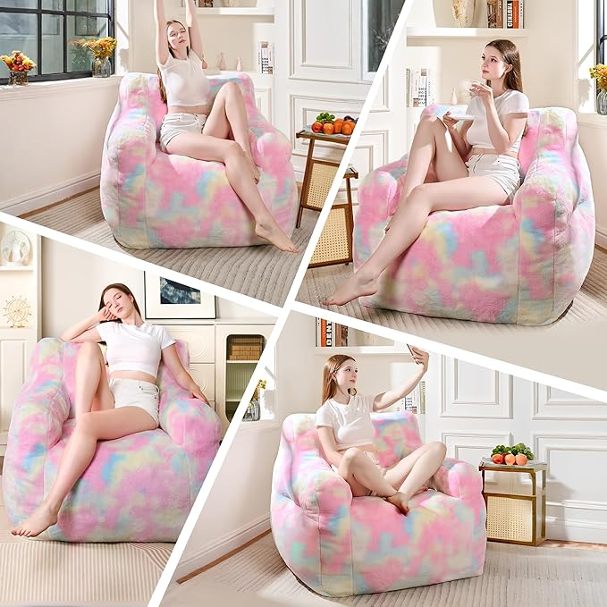 Recaceik Large Plush Bean Bag Chairs, Memory Foam Bean Bag Chair for Adults & Kids with Armrests, Comfy BeanBag Lounge Lazy Floor Sofa Accent Chair for Living Room, Bedroom, Dorm, Colorful Rainbow