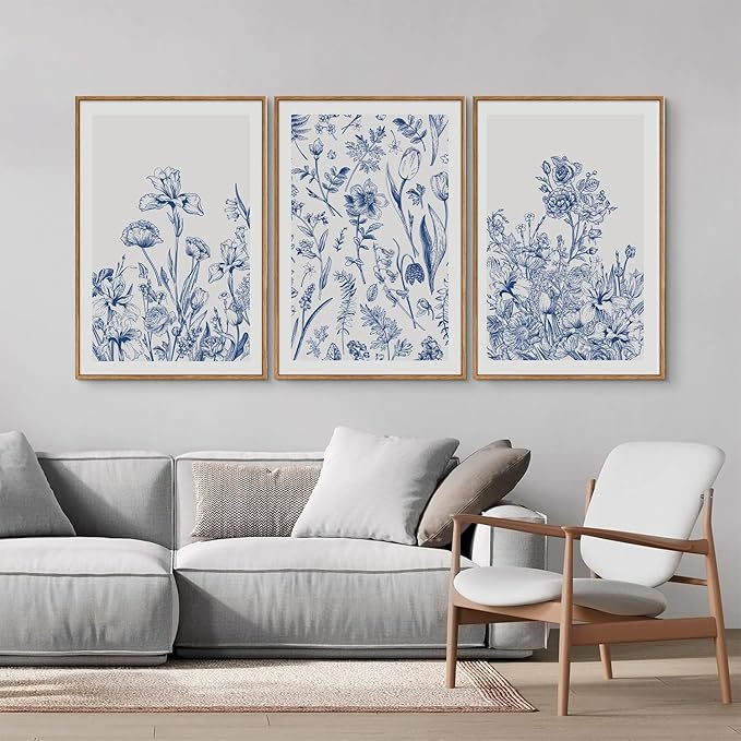 SIGNINART Classic Chinoiserie Botanical Framed Canvas Wall Art, Blue and White Floral Wall Decor, Minimalist Flower Artwork, Navy Blue Wildflower Art Painting for Bedroom Living Room Office 24"x36"x3