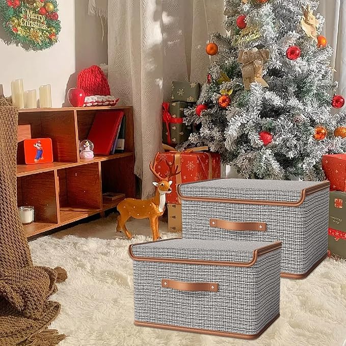 Tuza 4 Pack Storage Bins with Lids, Collapsible Closet Organizer Container, Fabric Organizer Box with Handles, Decorative Storage Boxes with Lids for Organizing Clothes, Books, Light Grey, Large