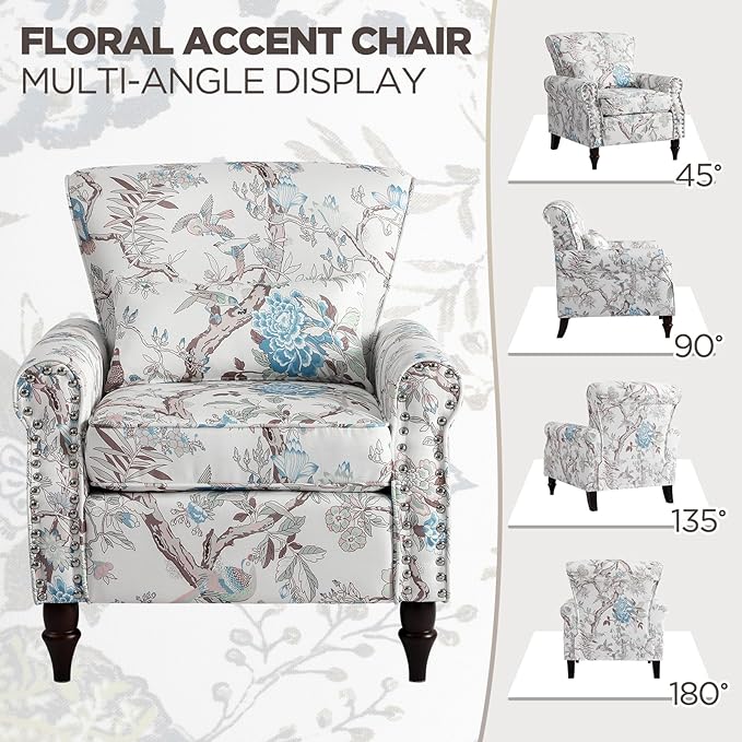 Wingback Accent Chair with Removable Pillow, High Back Floral Armchair with Solid Wood Legs & Nailhead Trim, Comfy Upholstered Reading Single Sofa Chair for Bedroom (1, Bird Floral Pattern)