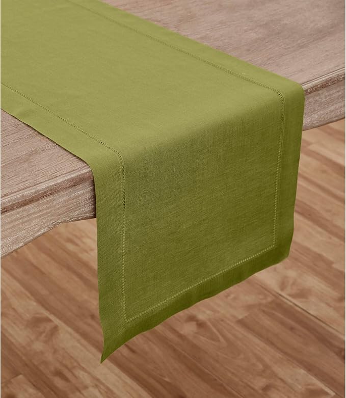 Solino Home Linen Avocado Green Hemstitch Table Runner 48 Inches - 100% Pure Linen Small Table Runner 14 x 48 Inch Ideal for Dresser and Coffee Tables - Classic Hemstitch - Fall, Autumn, Thanksgiving