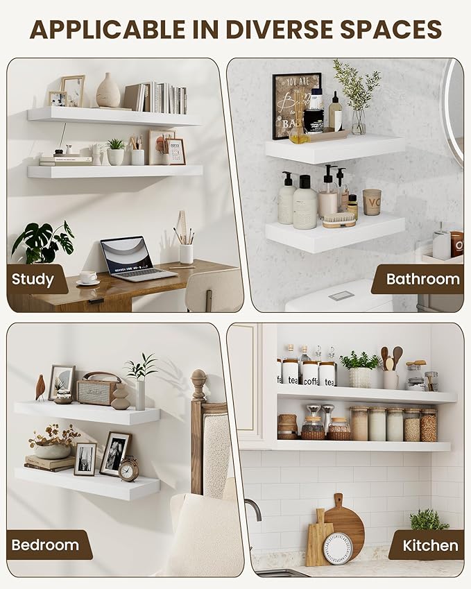 Marsmiles 31.5" Floating Shelves for Wall, Wooden Shelves with Invisible Brackets Set of 2, Rustic Farmhouse Wall Mounted Shelf for Kitchen Bathroom Living Room Study, White