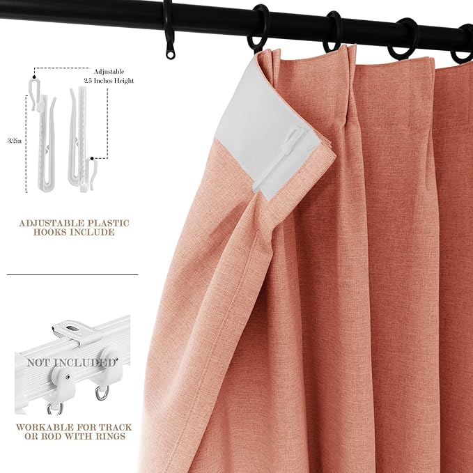 100" W x 84" L Faux Linen Room Divider Curtains, Full Blackout Pinch Pleated Drapes for Traverse Rod, Bedroom Divider Privacy Drapery with Hooks for Ceiling Track, 1 Panel, Orange