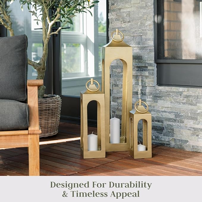 Small Gold Lantern, Rustic Metal Decorative Lantern, Candle Holder for Indoor & Outdoor, Home Decor for Patio, Garden & Tabletop, Hanging Lantern for Parties & Weddings