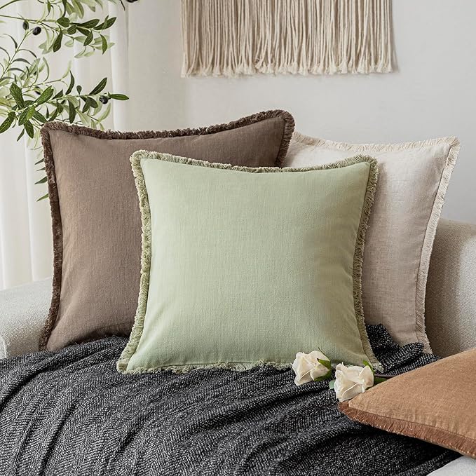 Foindtower Decorative Linen Fringe Lumbar Throw Pillow Covers Cozy Boho Farmhouse Cushion Cover with Tassel Soft Accent Pillowcase for Sofa Bed Living Room Home Decor, 12×20 Inch, 1PC,Light Sage Green