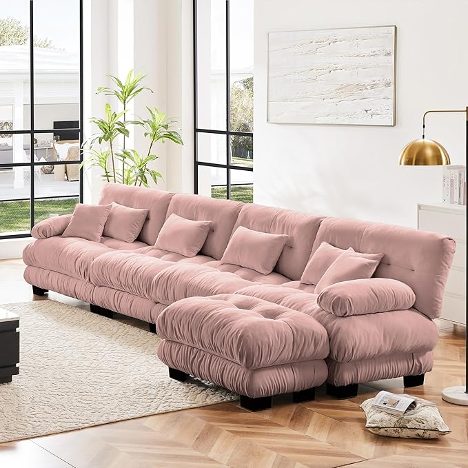 L Shaped Couch Sectional Couch, 4-Seater Cloud Couch Sectional Oversized Couch, Sofa Bed Couch with Round Bolster Armrests 6 Pillows, Modular Couch Home Sofa Living Room Couch(Pink)