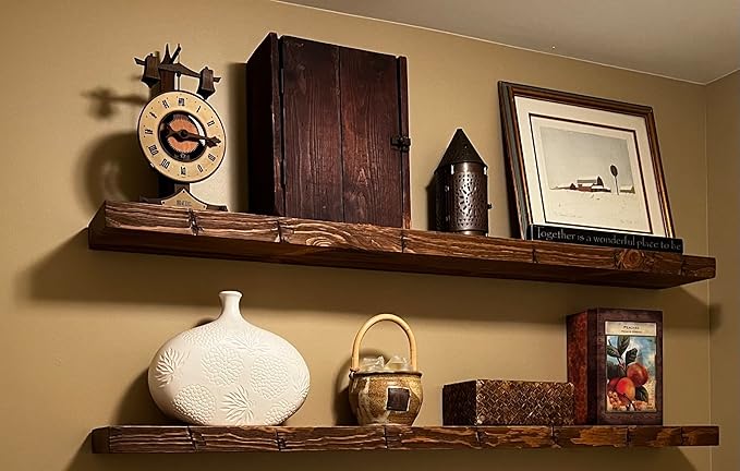 joelsantiques Floating Shelf, Wood Wall Shelf, Natural Wooden Home Decor for Bathroom Kitchen Bedroom, Hanging Mounted Invisible Bracket (Medium Brown, 7" Deep x 42" Wide)