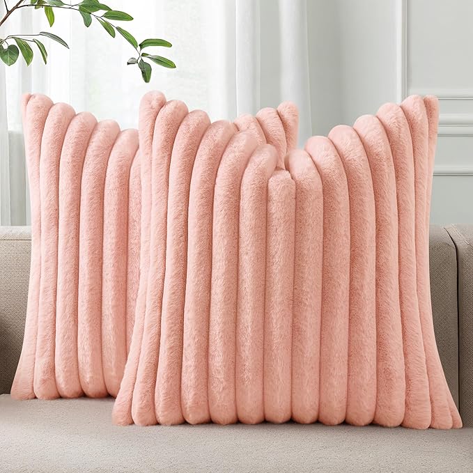 Pallene Faux Fur Plush Throw Pillow Covers 16x16 Set of 2, Luxury Soft Fluffy Striped Decorative Pillow Covers for Sofa, Couch, Living Room, Pink