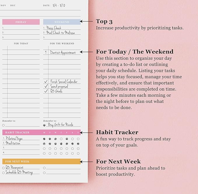 ThreeKin Weekly Planner - Premium 52-Sheet Tear-Off Notepad, 8.5 x 11 inches, Clean Colorful Design, Perfect for Work, School, Projects, and Entrepreneurs, Female & USA Owned Business