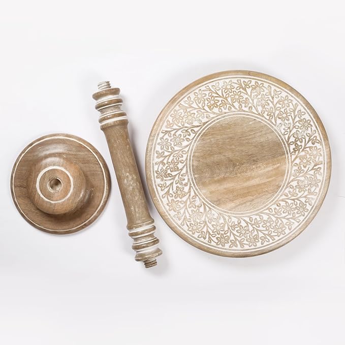 Lightnpro Carved Round End Table with Single Pillar - Handcrafted Accent Bedside Nightstand Side End Table for Living Room, Entryway, Vintage Desk for Books, Plants & Décor - 18x22 Inch - White Wash