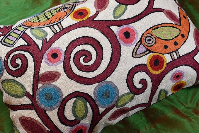 Lumbar Klimt Modern Pillow Cover | Cream, Multicolor Tree of Life, Birds, Floral Suzani Floral Pattern | 14" x 20" | 1 Count