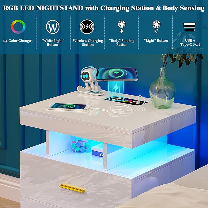 Night Stand with Light, High Gloss Nightstand with USB/Wireless Charging Station, LED White Nightstands with Storage Drawers, RGB Side End Table for Bedroom Furniture（White