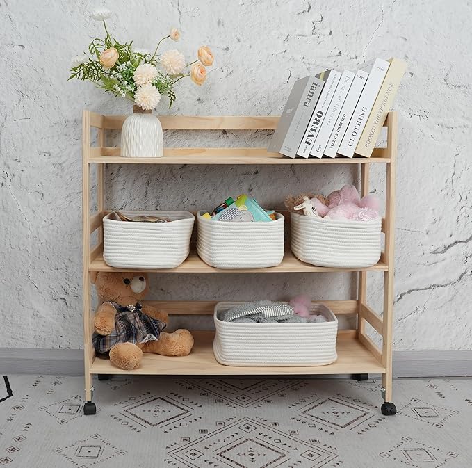 Small Woven Storage Baskets 12“X8”X5“ Decorative Rope Bins for Organizing Shelves, Closets, and Toys, Empty Gift Baskets, Cute Organizer Basket for Home and Office (white, regular)