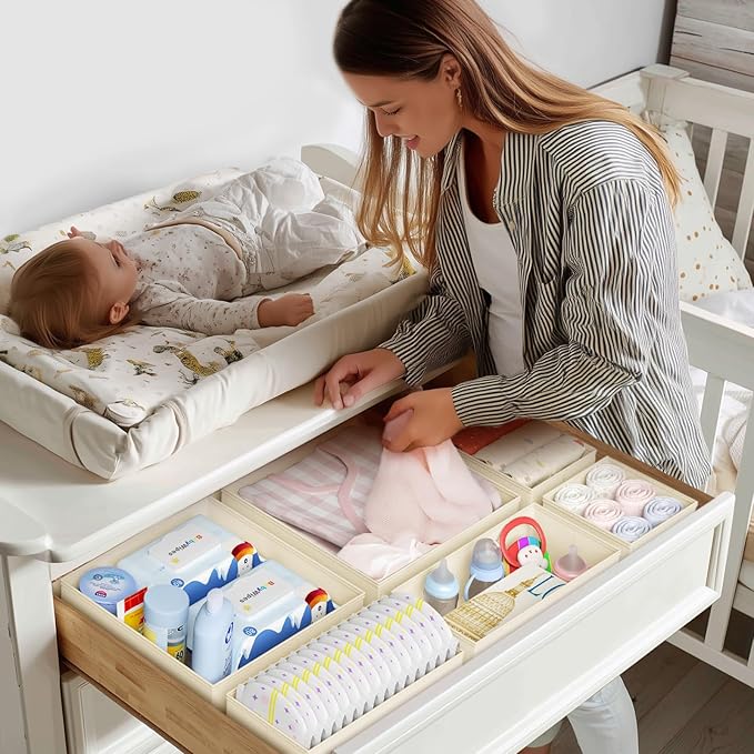 DIMJ Drawer Organizer Clothes 15 Pack - Foldable Baby Organizers and Storage & Dresser Organizer for Bedroom, Closet - Nursery Organization Dresser Dividers for underwear, Sock,Bra, Belt, Tie, Beige