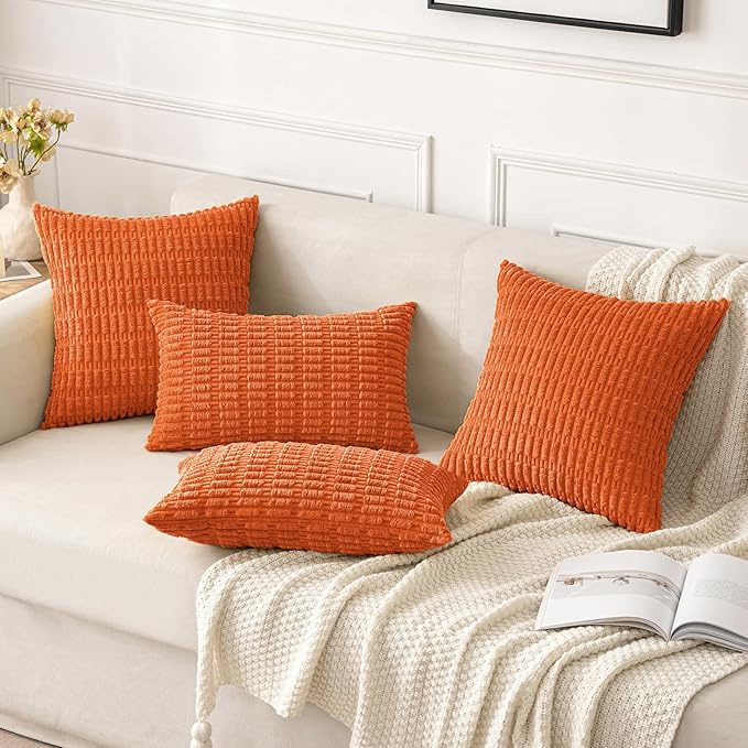 MIULEE Pack of 2 Orange Corduroy Decorative Euro Sham Fall Pillow Covers 22x22 Inch Soft Boho Striped Throw Pillow Covers Modern Farmhouse Home Decor for Summer Sofa Living Room Couch Bed