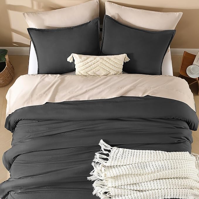 Litanika Dark Grey Oversized King Comforters Super King Plus Size, 3 Pieces Lightweight Solid Bedding Comforter Set, All Season Fluffy Bed Set (128x120In Comforter & 2 Pillowcases)