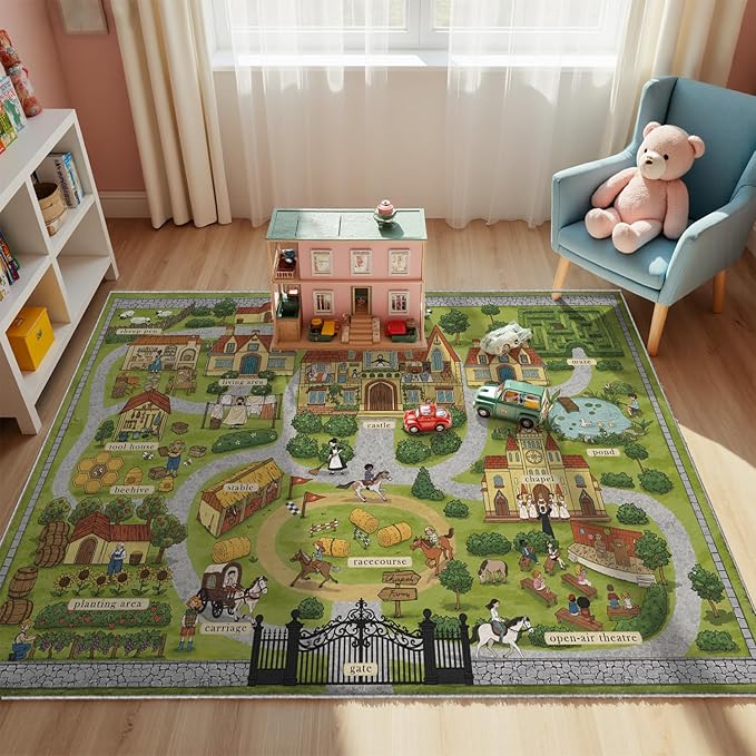 5x7ft Kids Manor Tour Play Rug,Non-Slip Faux Wool Carpet with Interactive English Words, Educational Manor Map Design for Playroom, Bedroom, Nursery Gift