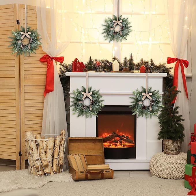 6 PCS Christmas Mini Cabinet Wreaths for Kitchen with Burlap Ribbon Norfolk Snowy Pine Needles Garland Pinecones Artificial Cedar Wreaths for Xmas Front Door Window Home Table Pillar Chair Wall Decor