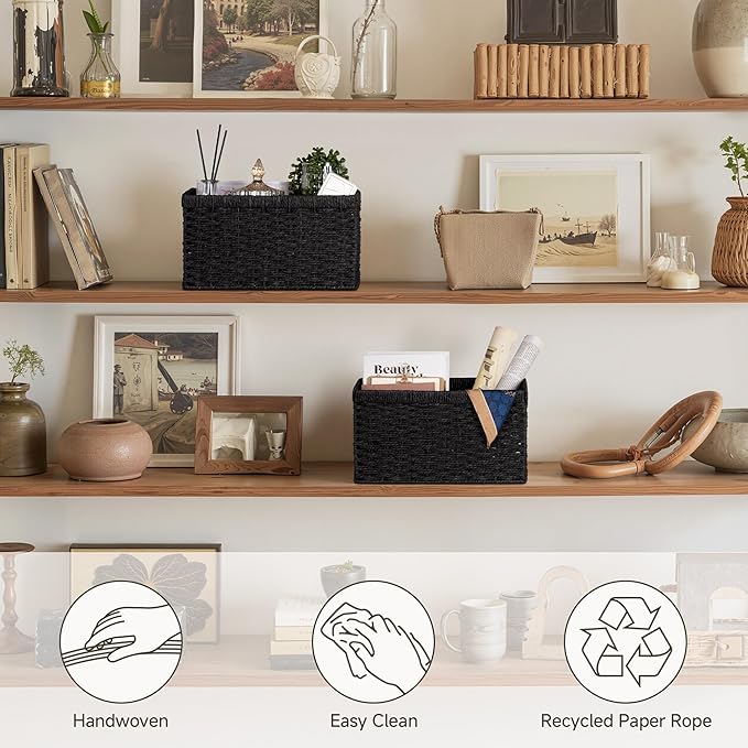 StorageWorks Pantry Baskets, Wicker Storage Baskets for Organizing, Bathroom Shelves, Pantry Organizers and Storage, Medium, Black, 2-Pack