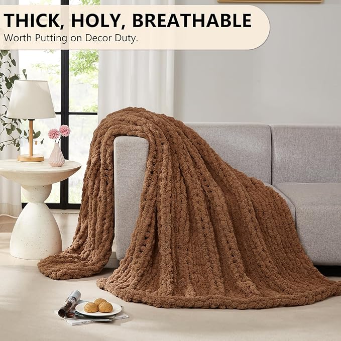 L'AGRATY Chunky Knit Blanket Throw: 50''x60'' Chenille Chunky Knitted Throw Blanket for Bed Couch - Handmade Thick Big Cable Knit Blanket - Large Chunky Crochet Rope Blanket for Home Decor(Brown)
