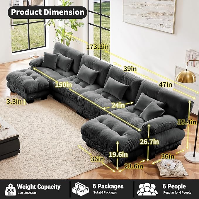 Modular Sectional Sofa U Shaped Sectional Couch, 4 Seater Cloud Couch with Ottoman, Modern Oversized Deep Seat Couches for Living Room, Comfy Chenille Sofa with 6 Throw Pillows, Gray