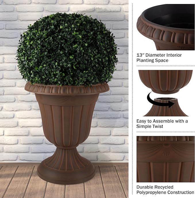 Pure Garden Outdoor Planter 2-Pack - 16x18-Inch Urn Planters - Plastic Plant Pots for Indoor, Outdoor, or Front Porch Decor - Flower Pots (Brown)