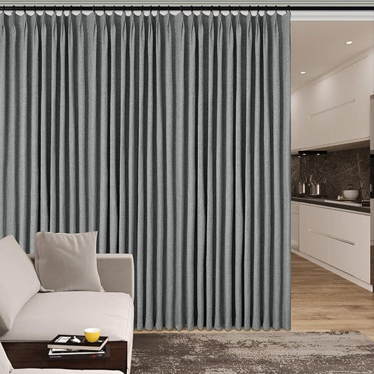 150 Inches Extra Wide Room Divider Draperies, Pinch Pleat Drapes, Absolutely Blackout Sliding Door Drapery, Total Privacy Ceiling Track Curtains, 150" W by 102" L, Mid Grey (1 Panel)